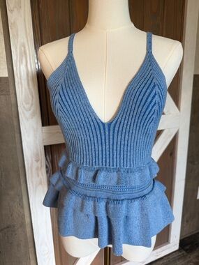 BCBGeneration Blue Ribbed Knit Peplum Tank Top Size M festival